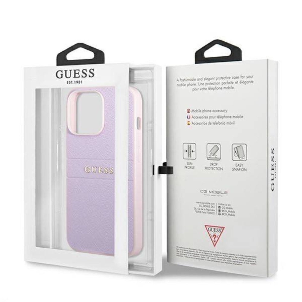 Guess IPHONE 13 PRO - SAFFIANO LEATHER PURPLE STAMP DESIGN METAL LOGO